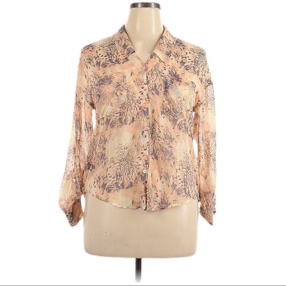 Free People Easy Rider Sheer Chiffon Button Down Blouse Small Tan Pink - Picture 1 of 4